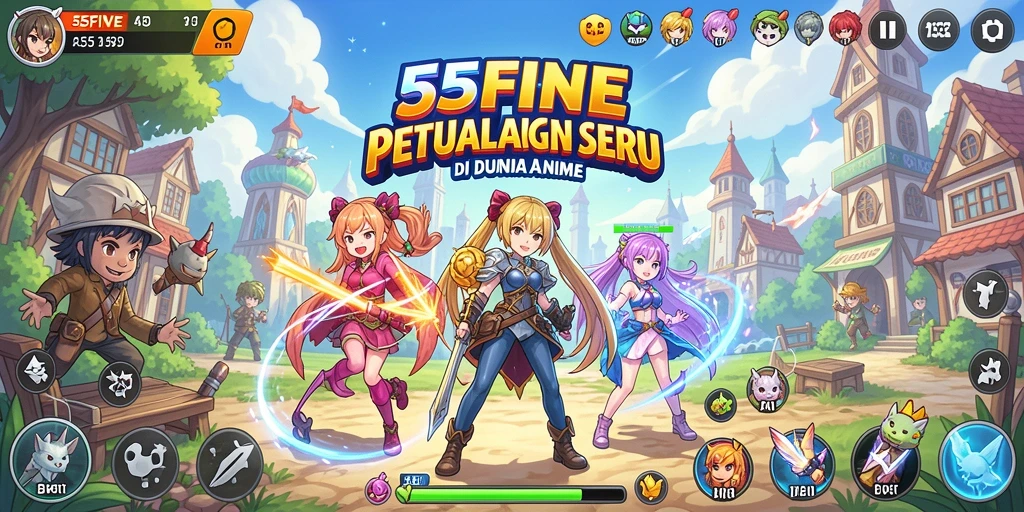 Tangkapan layar gameplay 55FIVE menampilkan aksi dan karakter Anime yang dinamis.