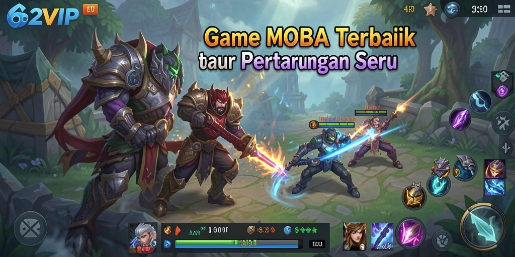 Screenshot utama 62VIP menampilkan pertarungan tim MOBA yang seru.