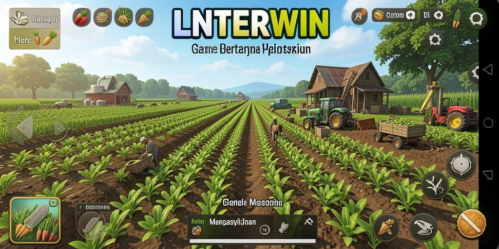 Screenshot gameplay LNTERWIN menampilkan aktivitas bertani yang seru.