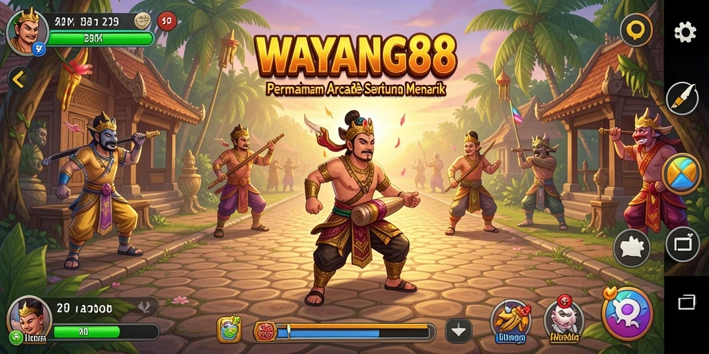 Screenshot utama WAYANG88 menunjukkan gameplay seru dengan karakter wayang.